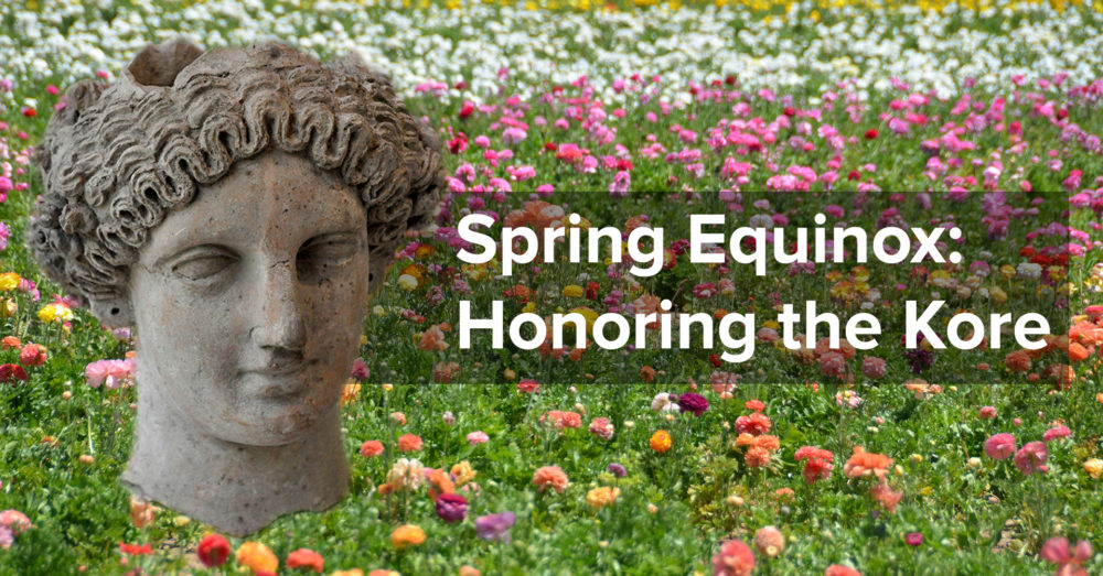 Set against a field of flowers, an earthenware head of a woman with intricately braided hair in a crown hovers next to the text "3CG Spring Equinox: Honoring the Kore"