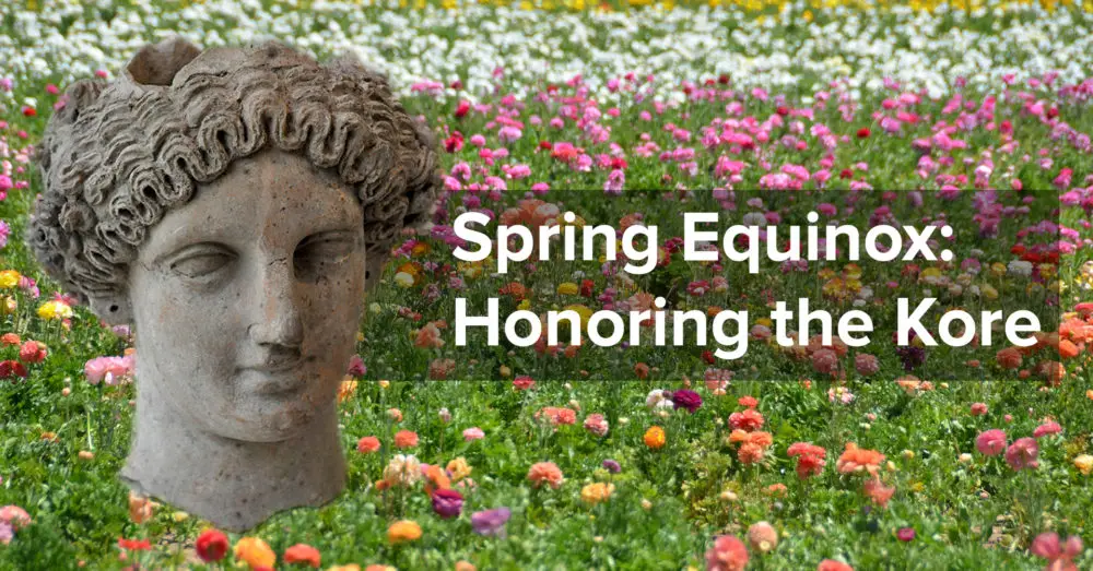 Set against a field of flowers, an earthenware head of a woman with intricately braided hair in a crown hovers next to the text "3CG Spring Equinox: Honoring the Kore"
