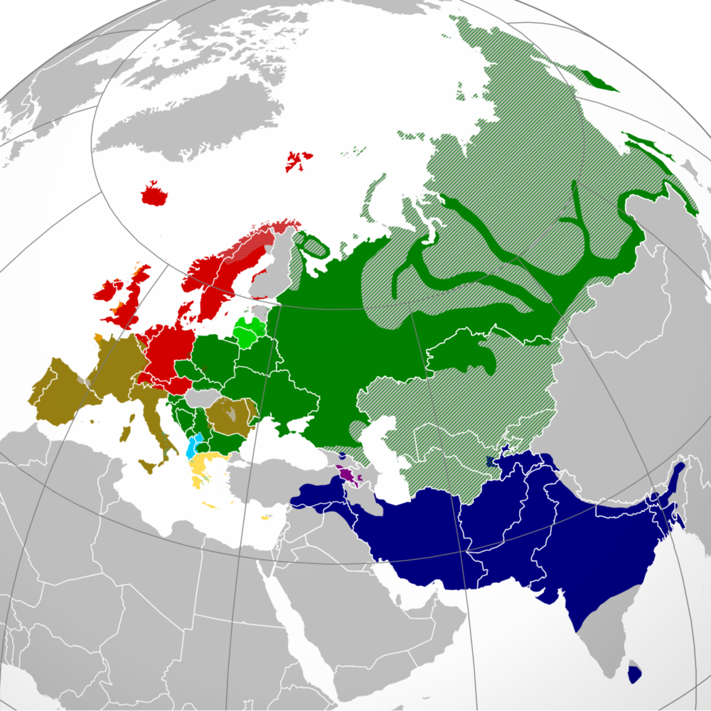 A multicolored map showing the ranges of the Indo-European languages stretching from the British Isles to eastern Eurasia, Iceland and Scandinavia to the Indian subcontinent.