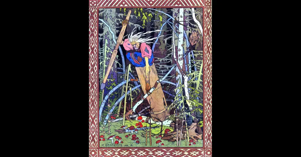 In a painted woodcut image with a decorative border, Baba Yaga rides through the woods in a flying wooden mortar, carrying a long wooden pestle