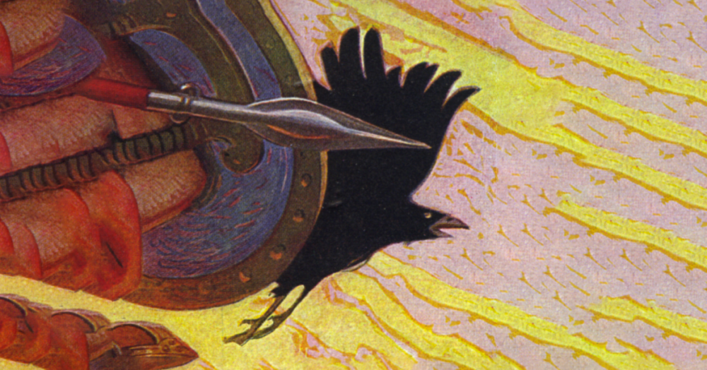Detail of a color illustration: a black crow flies out from behind an outstretched spear and shield, against a pink and yellow streaked background