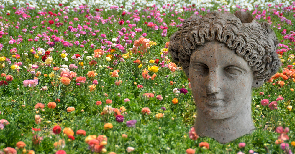 An earthenware head of a woman with intricately braided hair in a crown hovers amid a field of flowers.