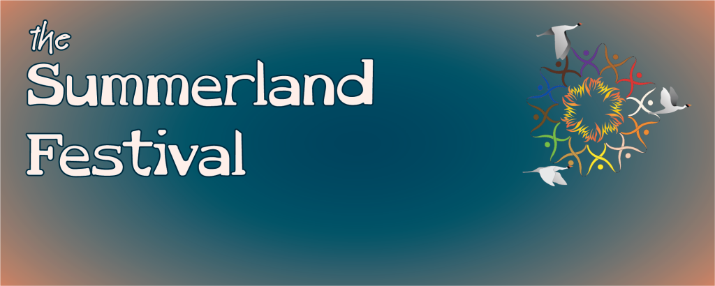 text says "The Summerland Festival" against blue background.  image with three cranes in flight to the right side of image.