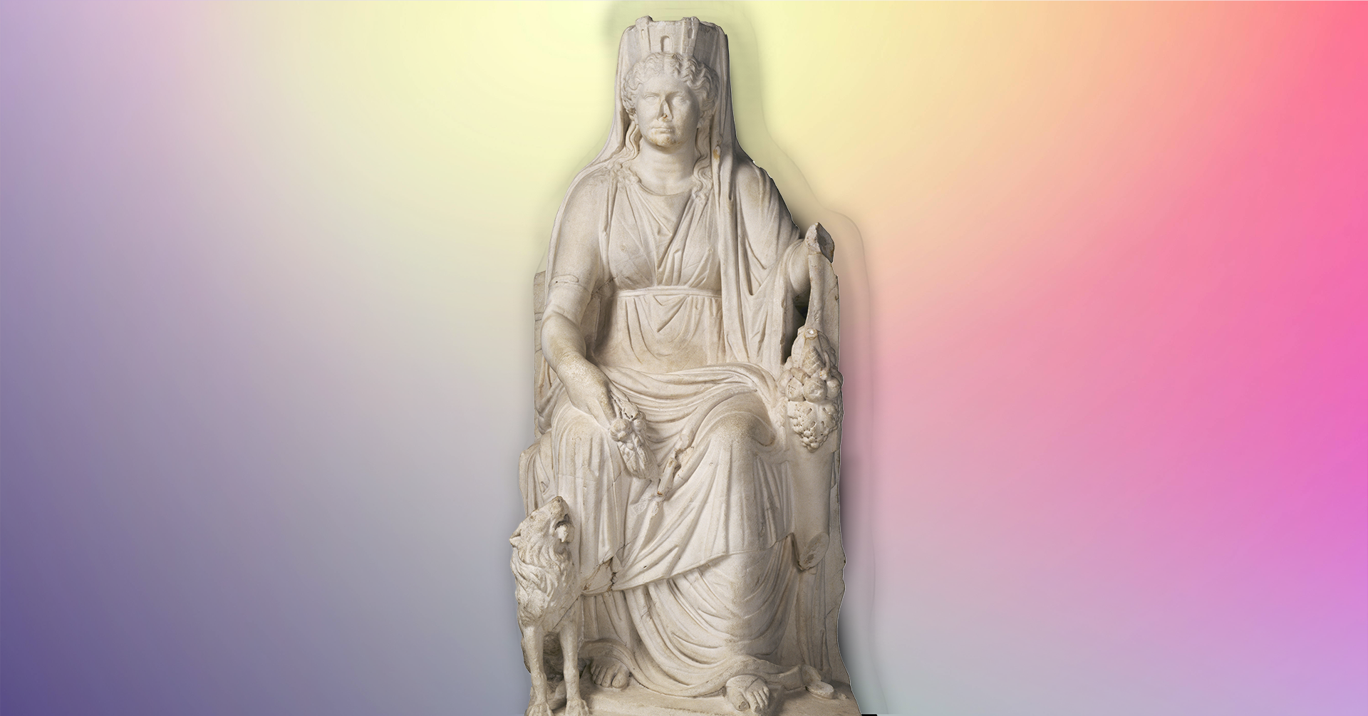 Against an abstract pastel background, a white marble statue of Kybele, enthroned, with lion, cornucopia, and mural crown.